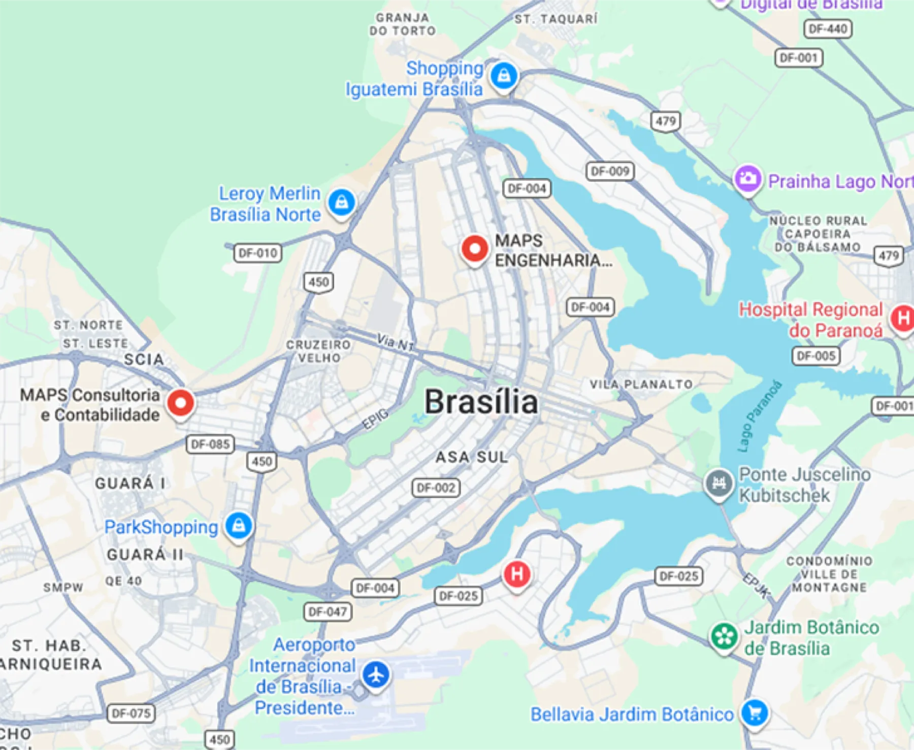 Mapa da localização do consultório em Águas Claras, Brasília